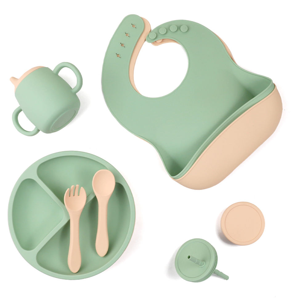 Nouveaut&eacute;s personnalis&eacute; sans BPA enfants ensemble de vaisselle b&eacute;b&eacute; bavoir enfant en bas &acirc;ge assiettes bols Silicone Sippy tasse Silicone b&eacute;b&eacute; Kit d'alimentation