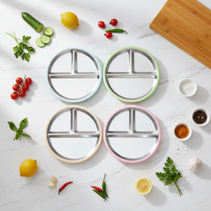 Assiettes modernes divis&eacute;es pour b&eacute;b&eacute;s, imperm&eacute;ables, en acier inoxydable, 9 pouces, avec manches amovibles en Silicone