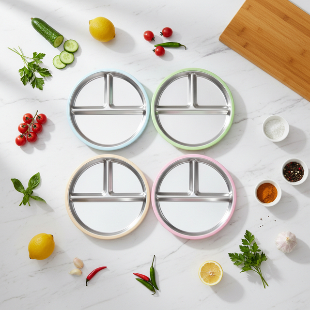 Assiettes modernes divis&eacute;es pour b&eacute;b&eacute;s, imperm&eacute;ables, en acier inoxydable, 9 pouces, avec manches amovibles en Silicone