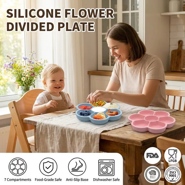 Wellfine, juego de alimentaci&oacute;n para ni&ntilde;os sin BPA, plato de flores, platos al por mayor, plato de succi&oacute;n de silicona para beb&eacute;, vajilla, plato para beb&eacute; con tapa