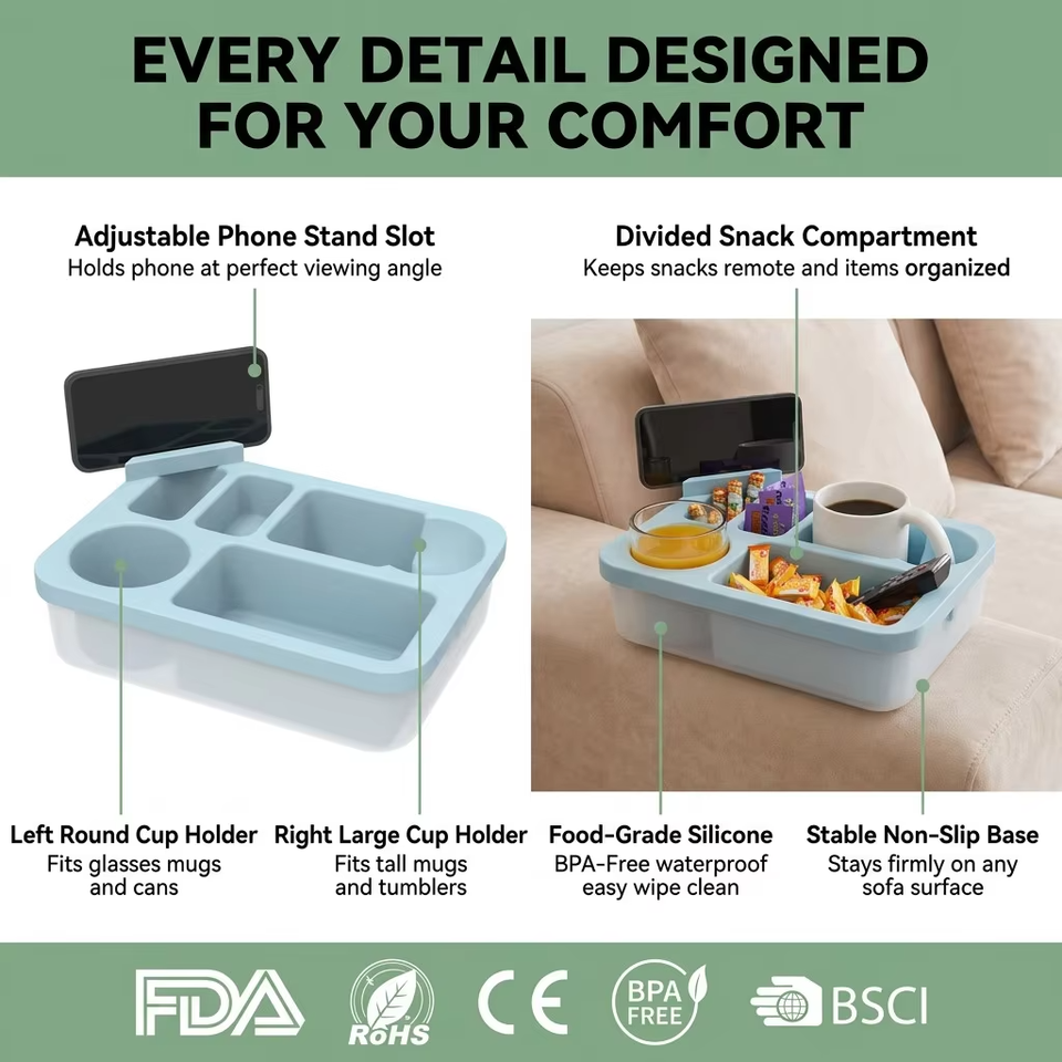 Caja de aperitivos Caddy de silicona para sof&aacute;, bandeja organizadora impermeable con taza y soporte para tel&eacute;fono para cama, asiento de coche, uso en la playa, novedad