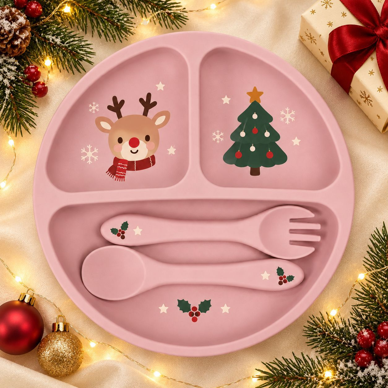 Assiette de No&euml;l en silicone pour b&eacute;b&eacute; - Ensemble d'alimentation par aspiration divis&eacute;e