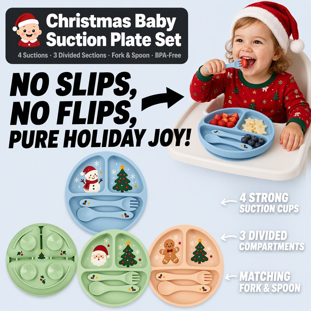 Assiette de No&euml;l en silicone pour b&eacute;b&eacute; - Ensemble d'alimentation par aspiration divis&eacute;e