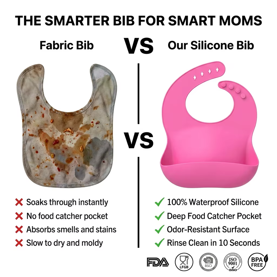 Baberos de silicona suave sin BPA para ni&ntilde;os, impermeables, impresos personalizados con cierre de bot&oacute;n, servicio OEM disponible