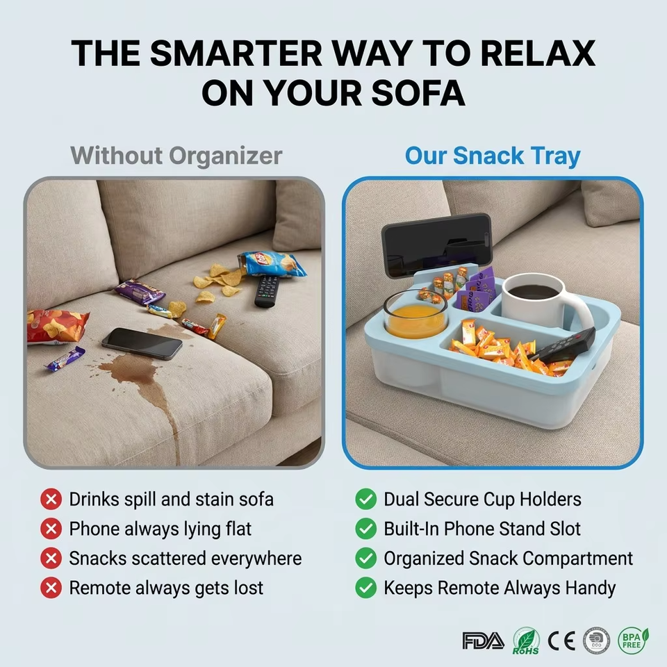 Caja de aperitivos Caddy de silicona para sof&aacute;, bandeja organizadora impermeable con taza y soporte para tel&eacute;fono para cama, asiento de coche, uso en la playa, novedad