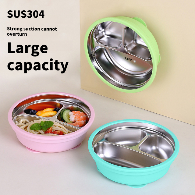 Nouveaut&eacute;s 2-en-1 coque en acier inoxydable Silicone bol pour b&eacute;b&eacute; en bas &acirc;ge divis&eacute; lavable au lave-vaisselle plat de sevrage aspiration amovible