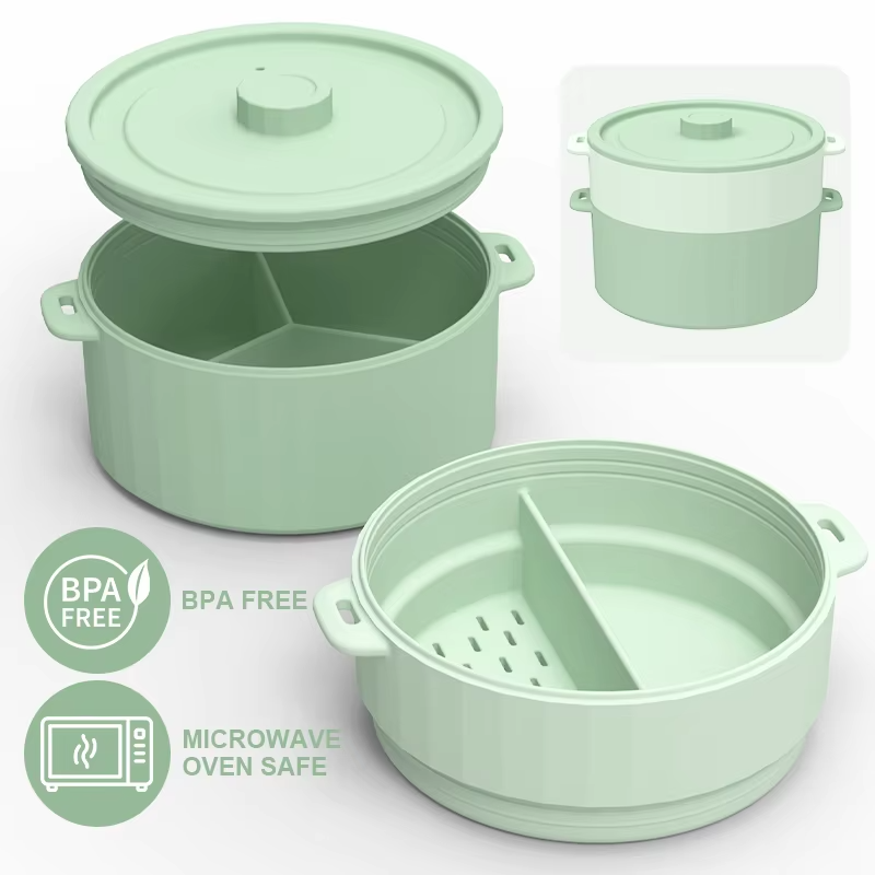 BPA 프리 더블 레이어 전자레인지 야채 스티머 친환경 식품 등급 실리콘 커버 다기능 스티머 보울 쿠커