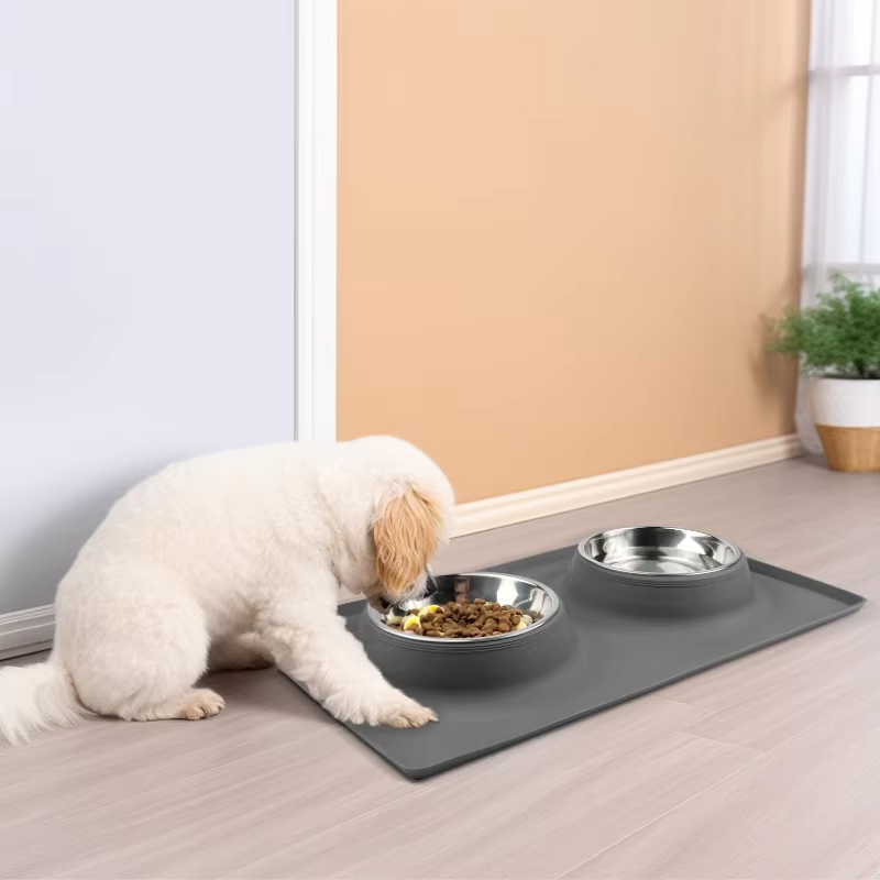 Nuevas llegadas, impermeable, gatos, perros, mascotas, estera de silicona, cuenco doble para comida, comedero para mascotas, juego de cuencos