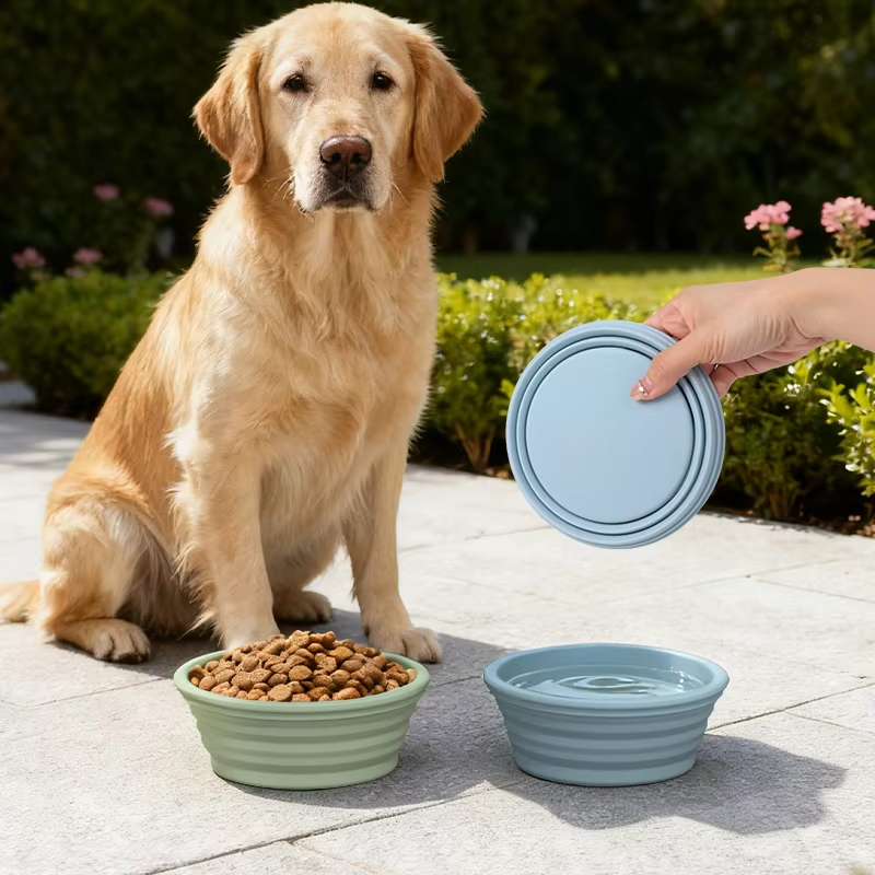 Taz&oacute;n de comida para mascotas de silicona con logotipo personalizado, port&aacute;til y a prueba de fugas, dise&ntilde;o plegable al aire libre, impermeable, color s&oacute;lido para perros