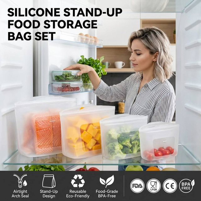 Sac de conservation des aliments en Silicone 100%, r&eacute;cipient alimentaire r&eacute;utilisable pour magasin de cuisine, anti-fuite, lavable au lave-vaisselle