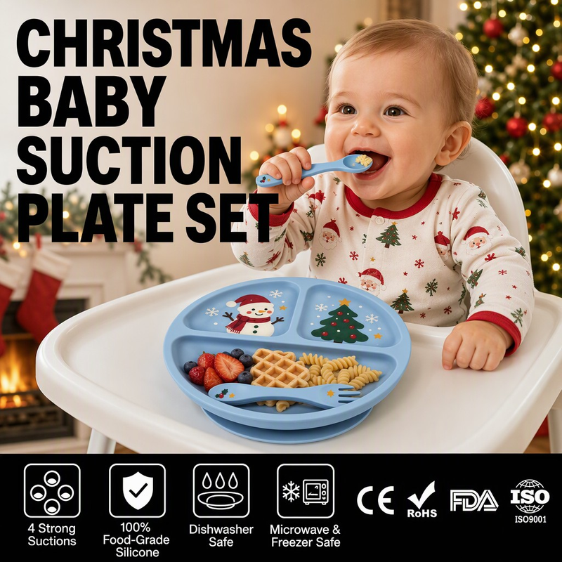 Assiette de No&euml;l en silicone pour b&eacute;b&eacute; - Ensemble d'alimentation par aspiration divis&eacute;e