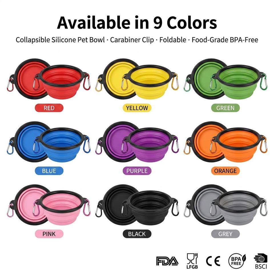 Bol pliable en Silicone pour animaux de compagnie, logo personnalis&eacute;, pour l'ext&eacute;rieur, facile &agrave; laver, bol pliable pour chien, bol pliable pour chiot avec mousquetons