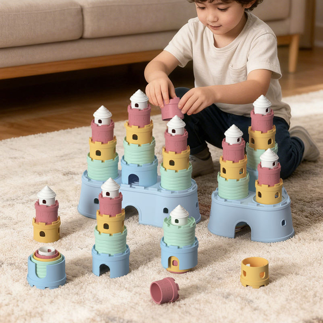 BPA 무료 실리콘 소프트 캐슬 빌딩 블록 젖니가 남 스태킹 Teether 어린이 교육용 아기 스태커 스태킹 장난감