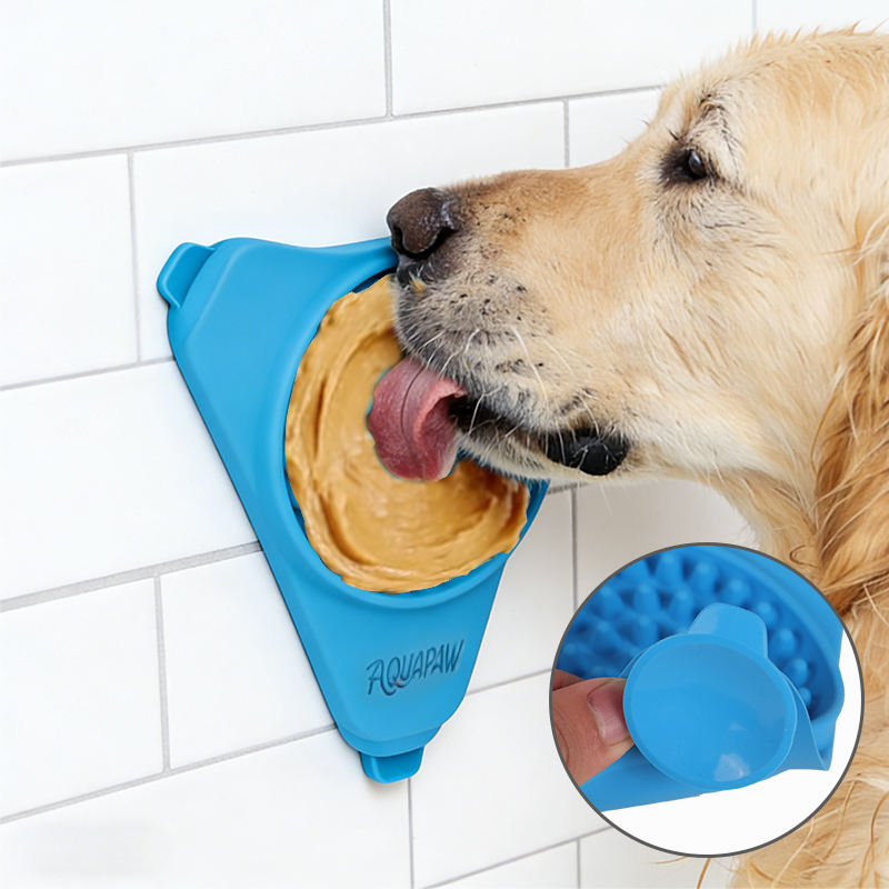 Bol en silicone pour chat &agrave; alimentation lente 500 ml, coussin &agrave; l&eacute;cher pour animaux de compagnie avec un design rond bleu et une fonction automatique, facile &agrave; utiliser