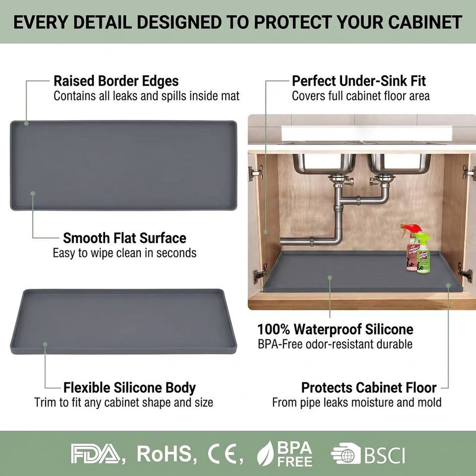 Alfombrilla antideslizante de silicona de estilo cl&aacute;sico, resistente al agua, con orificio de drenaje, revestimiento de gabinete lavable, alfombrilla para fregadero de cocina, venta al por mayor