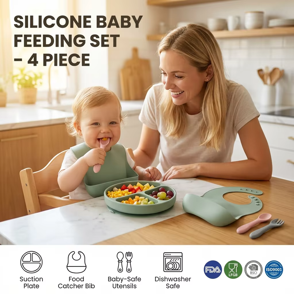Bol en Silicone sans BPA pour b&eacute;b&eacute;, assiette pour enfants, bavoir, ensemble de sevrage, vaisselle pour enfants pour une alimentation s&ucirc;re des b&eacute;b&eacute;s