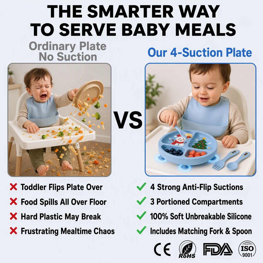 Assiette de No&euml;l en silicone pour b&eacute;b&eacute; - Ensemble d'alimentation par aspiration divis&eacute;e