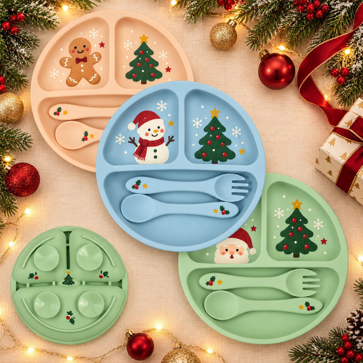Assiette de No&euml;l en silicone pour b&eacute;b&eacute; - Ensemble d'alimentation par aspiration divis&eacute;e