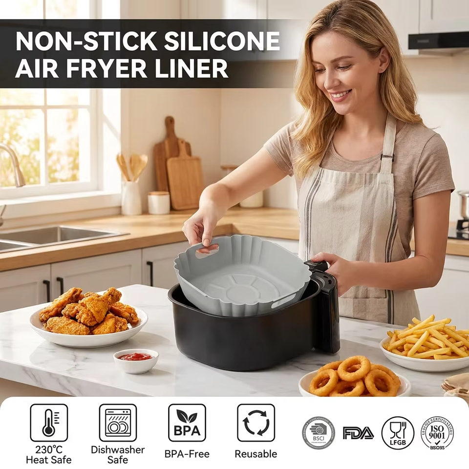 Pot en Silicone pour friteuse &agrave; air sans BPA, panier rond r&eacute;utilisable en Silicone, r&eacute;sistant &agrave; la chaleur, facile &agrave; nettoyer, doublures en Silicone, vente en gros