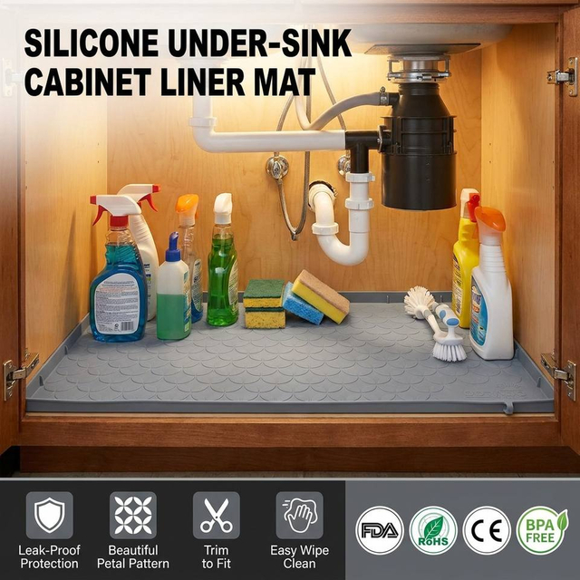 Revestimiento para armario de cocina, alfombrilla multiusos debajo del fregadero, alfombrilla de silicona Extra gruesa, resistente al agua con borde elevado para cocina