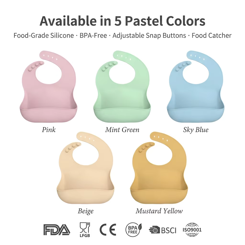 Baberos de silicona suave sin BPA para ni&ntilde;os, impermeables, impresos personalizados con cierre de bot&oacute;n, servicio OEM disponible