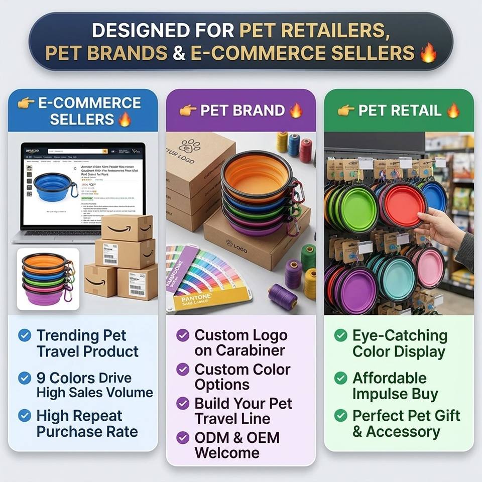 Bol pliable en Silicone pour animaux de compagnie, logo personnalis&eacute;, pour l'ext&eacute;rieur, facile &agrave; laver, bol pliable pour chien, bol pliable pour chiot avec mousquetons
