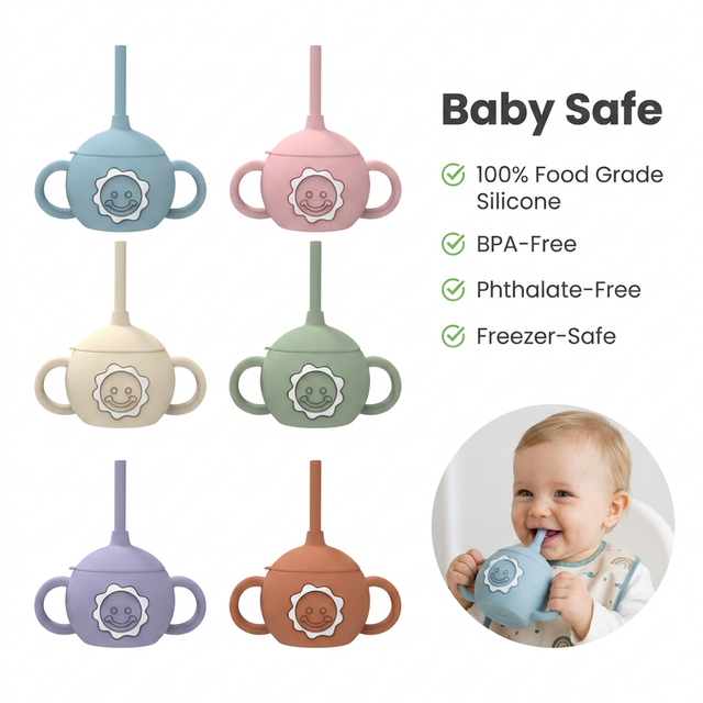 Taza de entrenamiento para beber de silicona sin Bpa, botella de agua para ni&ntilde;os peque&ntilde;os, taza para beb&eacute; a prueba de fugas con pajita y mango