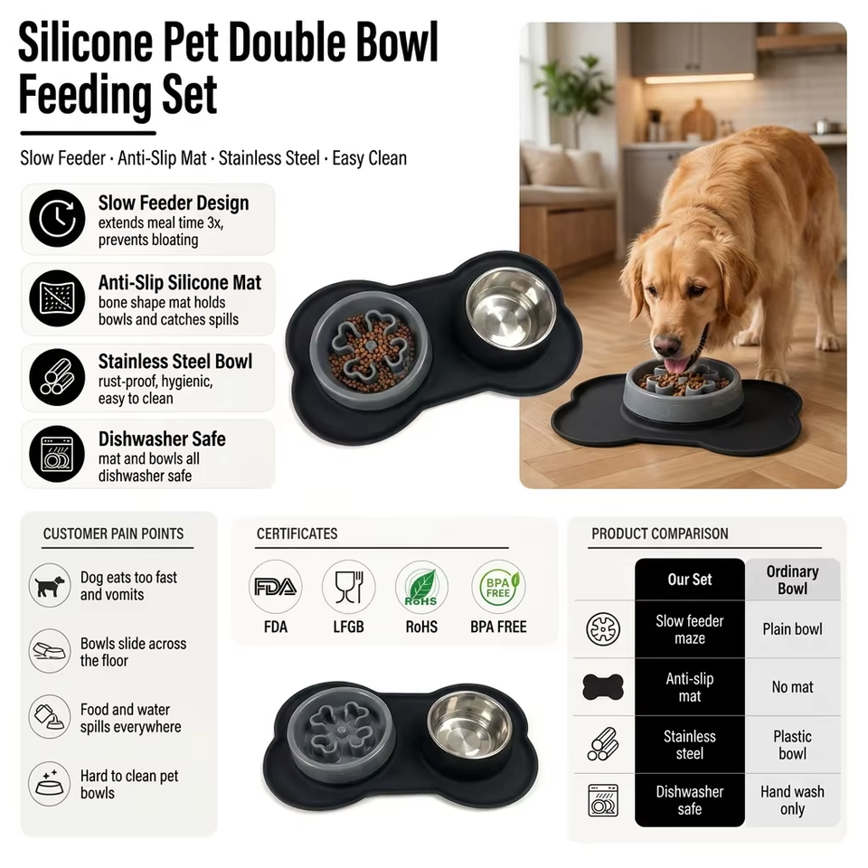 Bol en Silicone pour animaux de compagnie, bols d'alimentation pour chiens et chats, bol de nourriture pour animaux de compagnie, avec conception sans d&eacute;versement et antid&eacute;rapante