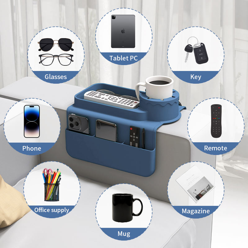 Plateau d'accoudoir de canap&eacute; en Silicone personnalis&eacute;, sous-verres, porte-boissons inclinable, support de verre pour t&eacute;l&eacute;phone portable, plateau avec poches lat&eacute;rales