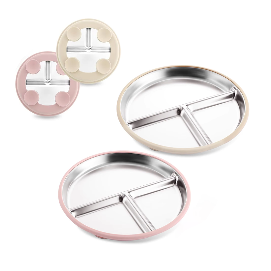 Assiette divis&eacute;e en acier inoxydable 9 pouces pour tout-petits, manches amovibles en Silicone, Non toxique, sans BPA, incassable, salle &agrave; manger pour b&eacute;b&eacute;s et enfants