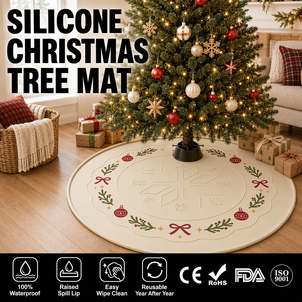 Tapete redondo de silicona para &aacute;rbol de Navidad - Copo de nieve impermeable