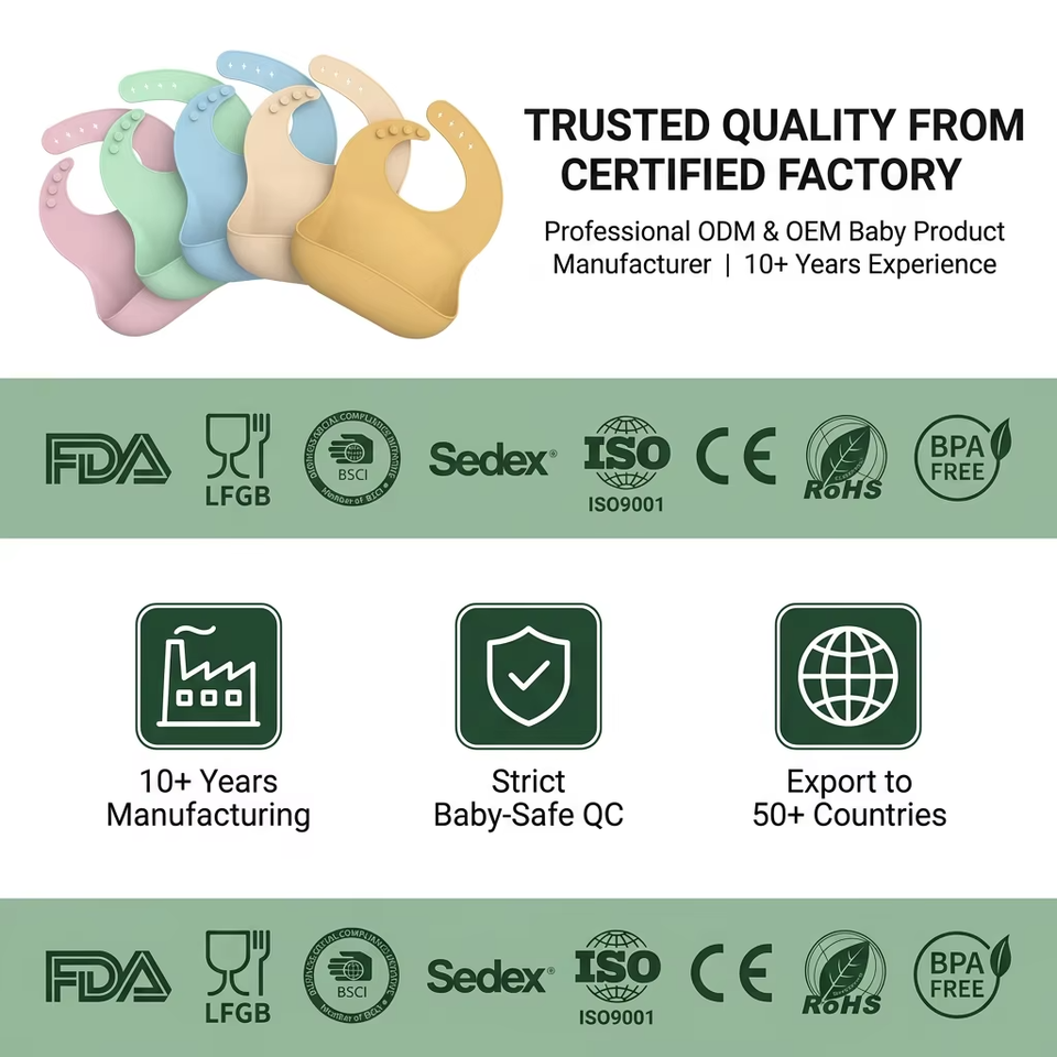 Bavoirs en silicone souple sans BPA pour enfants, imprim&eacute;s personnalis&eacute;s imperm&eacute;ables avec fermeture &agrave; bouton, service OEM disponible
