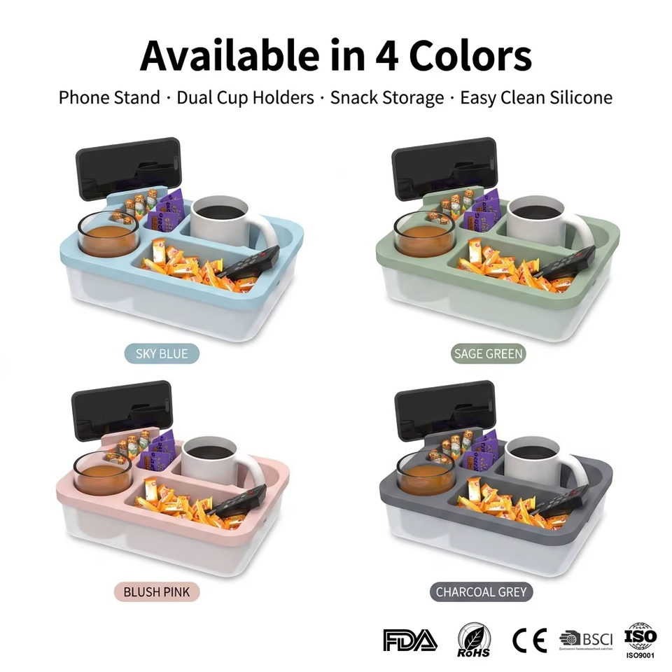 Caja de aperitivos Caddy de silicona para sof&aacute;, bandeja organizadora impermeable con taza y soporte para tel&eacute;fono para cama, asiento de coche, uso en la playa, novedad