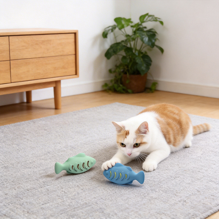 Juguete para mascotas de silicona de autoplacer Molar resistente a mordeduras en forma de pez respetuoso con el medio ambiente grado alimenticio para gatos con hierba gatera