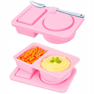 Recipiente para aperitivos de silicona de doble compartimento sin BPA, tapas f&aacute;ciles de limpiar, fiambrera plegable respetuosa con el medio ambiente, toda la seguridad